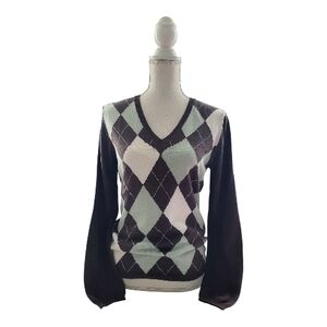 Sisley Made In Italy Y2K Argyle V-Neck Sweater in Mint & Chocolate Size Medium
